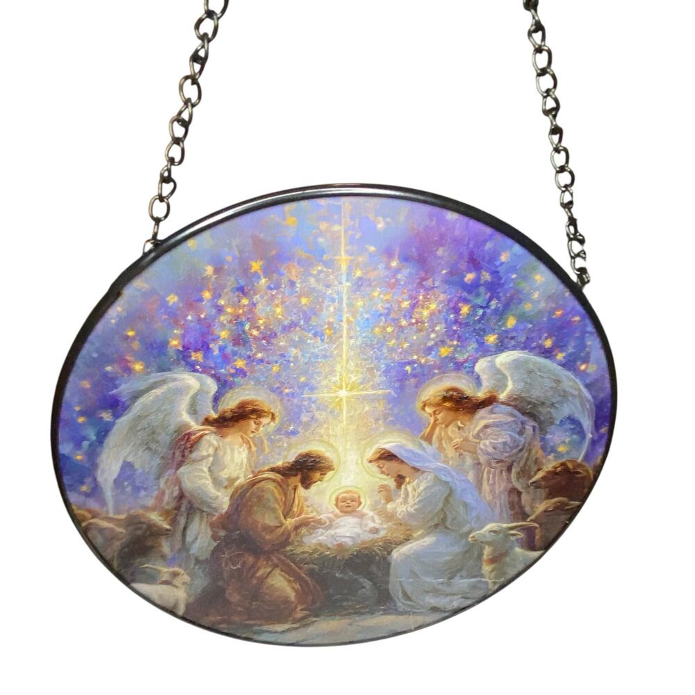 NWT Christmas Nativity Suncatcher Stained Glass Indoor Window Decor 7.9" x 7.9"
